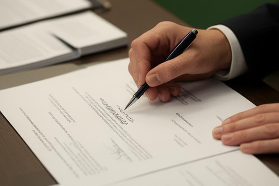Podpis na papieri pri stole s poradenskými dokumentmi a perom v ruke