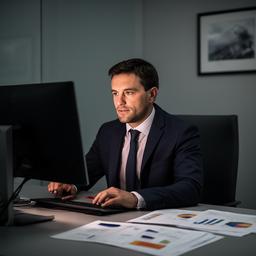 Micheel Bascetta pri pracovnom monitore s finančnými tabuľkami v tichej zasadacej miestnosti